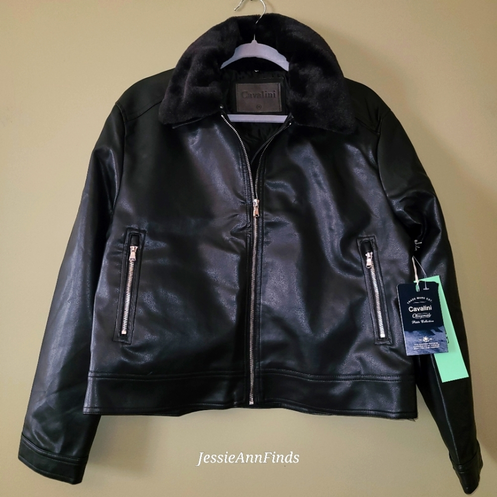 NWT Cavalini Black Vegan Leather Faux Fur Collar Jacket Coat Size XL Petite